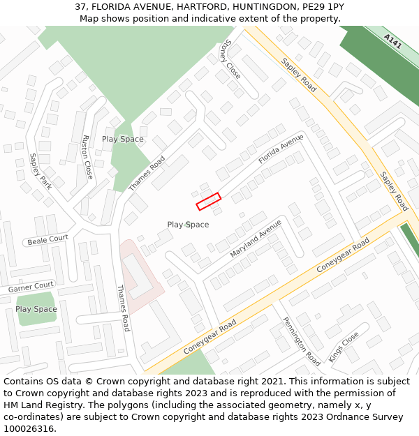 37, FLORIDA AVENUE, HARTFORD, HUNTINGDON, PE29 1PY: Location map and indicative extent of plot