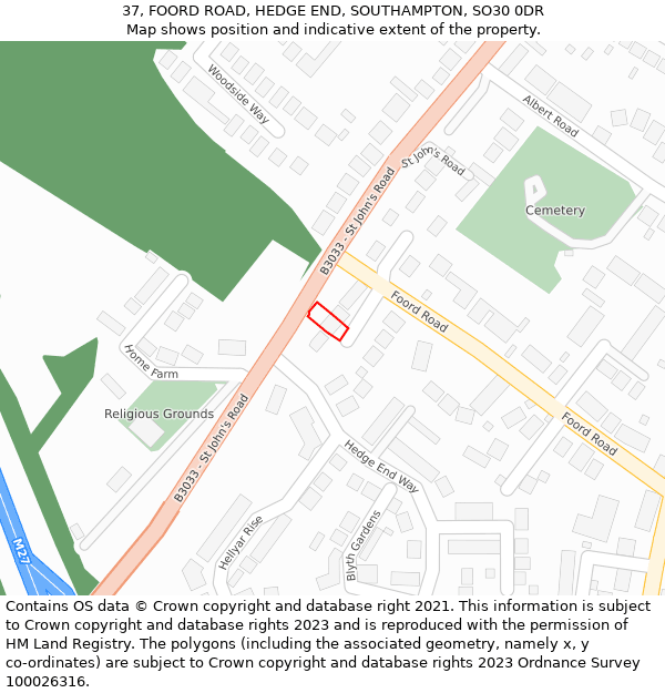 37, FOORD ROAD, HEDGE END, SOUTHAMPTON, SO30 0DR: Location map and indicative extent of plot