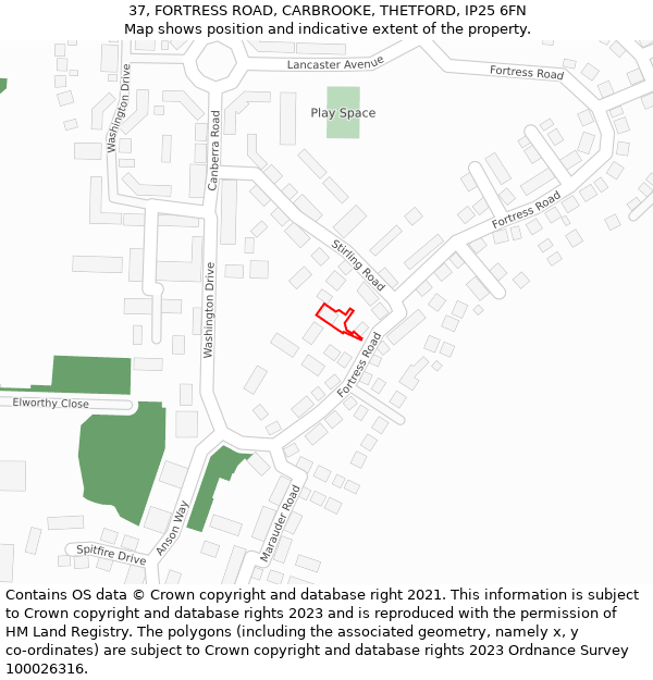 37, FORTRESS ROAD, CARBROOKE, THETFORD, IP25 6FN: Location map and indicative extent of plot