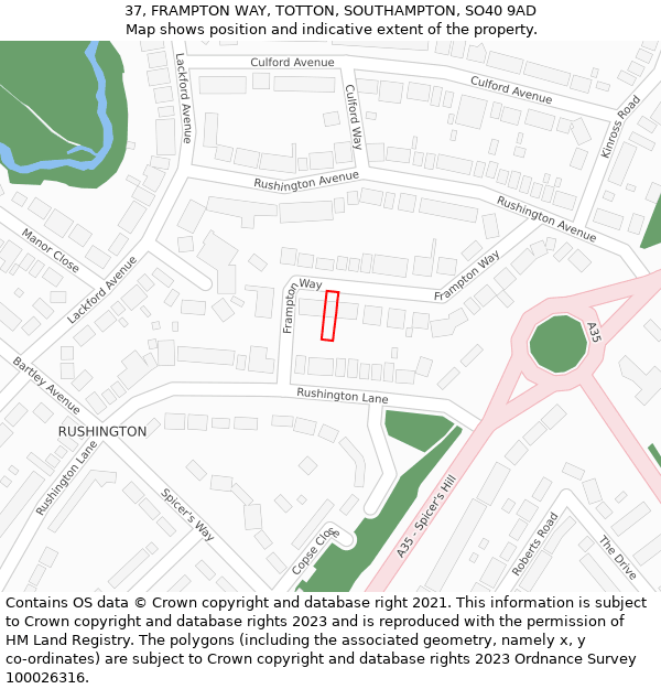 37, FRAMPTON WAY, TOTTON, SOUTHAMPTON, SO40 9AD: Location map and indicative extent of plot