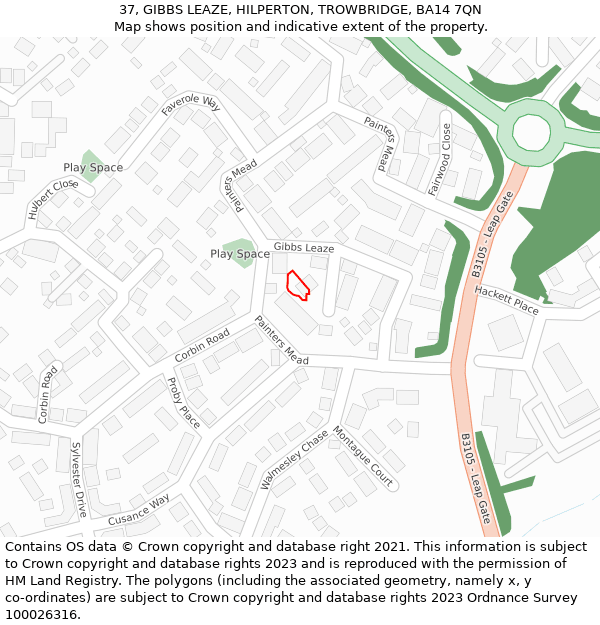 37, GIBBS LEAZE, HILPERTON, TROWBRIDGE, BA14 7QN: Location map and indicative extent of plot