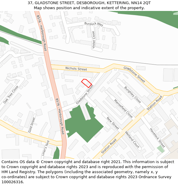 37, GLADSTONE STREET, DESBOROUGH, KETTERING, NN14 2QT: Location map and indicative extent of plot
