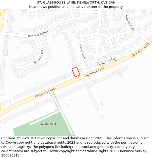 37, GLASSHOUSE LANE, KENILWORTH, CV8 2AH: Location map and indicative extent of plot