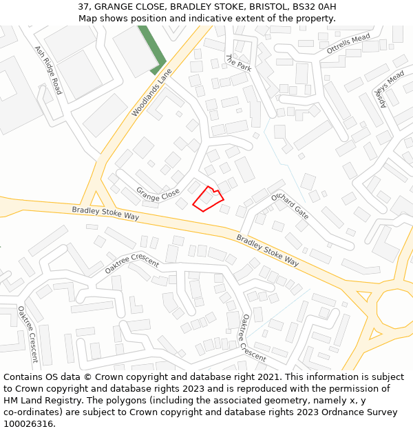 37, GRANGE CLOSE, BRADLEY STOKE, BRISTOL, BS32 0AH: Location map and indicative extent of plot