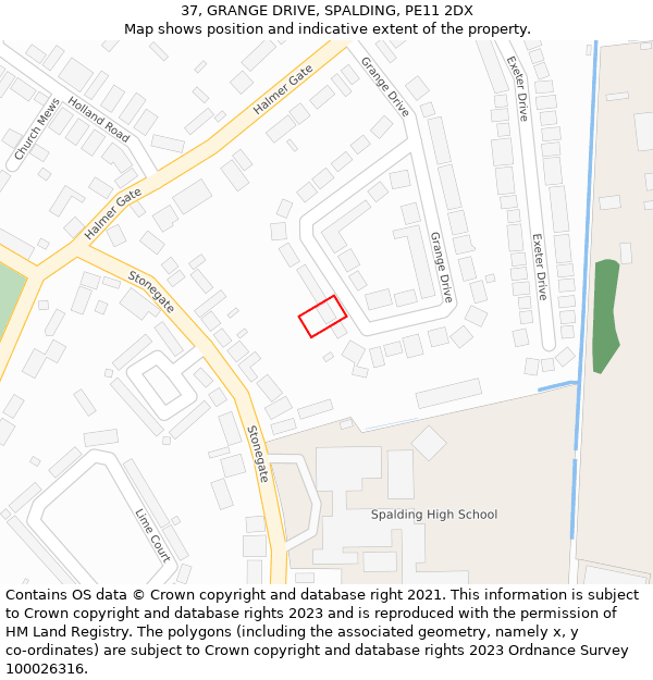 37, GRANGE DRIVE, SPALDING, PE11 2DX: Location map and indicative extent of plot