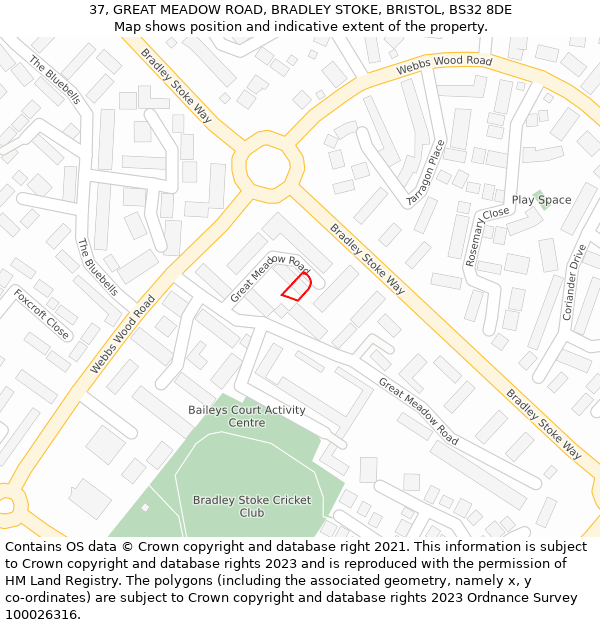 37, GREAT MEADOW ROAD, BRADLEY STOKE, BRISTOL, BS32 8DE: Location map and indicative extent of plot