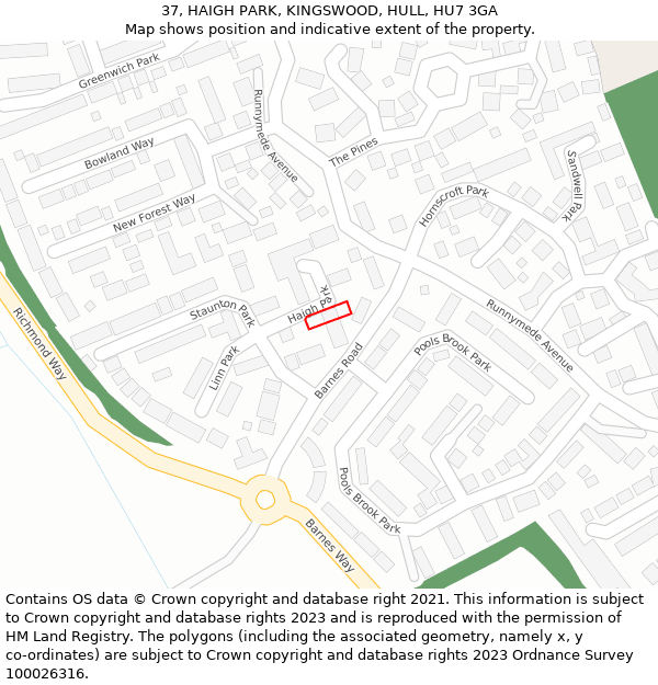 37, HAIGH PARK, KINGSWOOD, HULL, HU7 3GA: Location map and indicative extent of plot