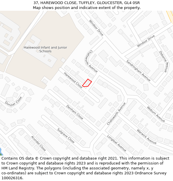 37, HAREWOOD CLOSE, TUFFLEY, GLOUCESTER, GL4 0SR: Location map and indicative extent of plot