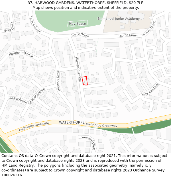 37, HARWOOD GARDENS, WATERTHORPE, SHEFFIELD, S20 7LE: Location map and indicative extent of plot