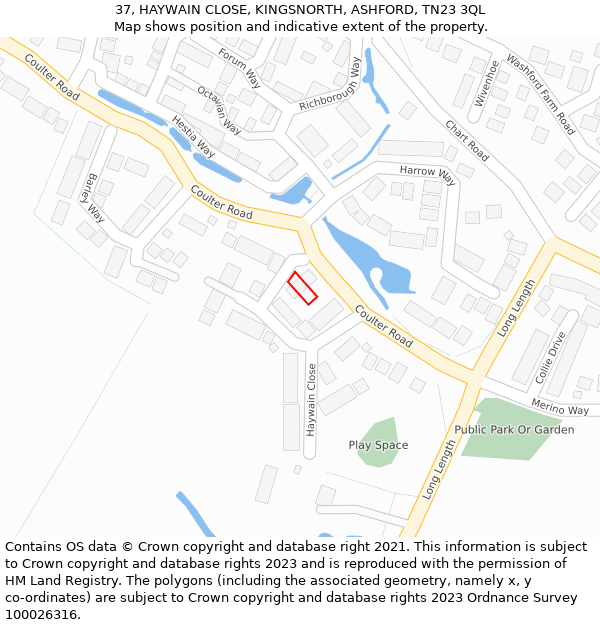 37, HAYWAIN CLOSE, KINGSNORTH, ASHFORD, TN23 3QL: Location map and indicative extent of plot