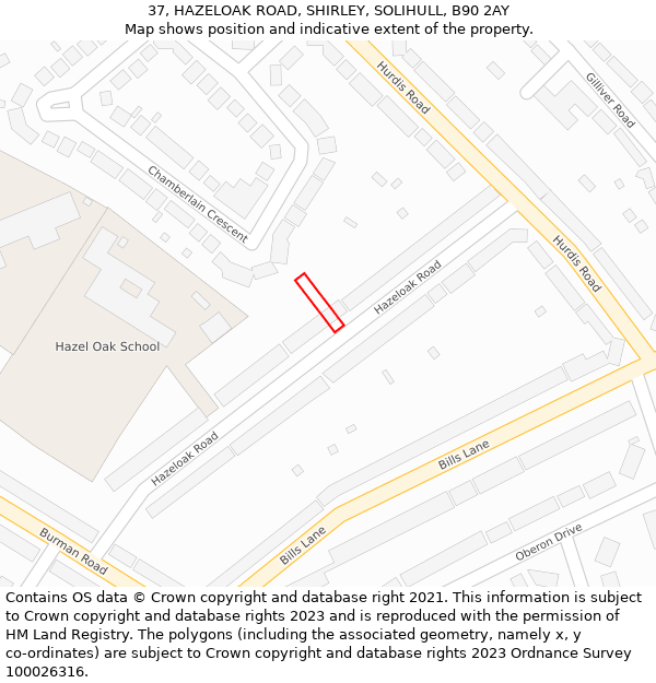 37, HAZELOAK ROAD, SHIRLEY, SOLIHULL, B90 2AY: Location map and indicative extent of plot