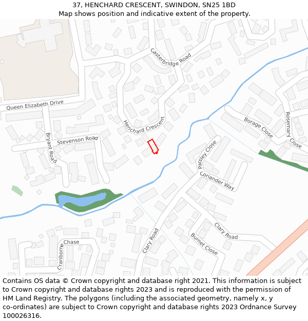 37, HENCHARD CRESCENT, SWINDON, SN25 1BD: Location map and indicative extent of plot