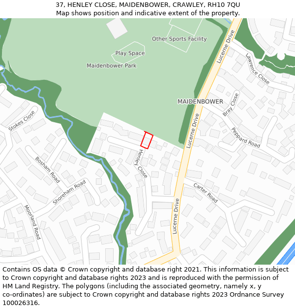 37, HENLEY CLOSE, MAIDENBOWER, CRAWLEY, RH10 7QU: Location map and indicative extent of plot