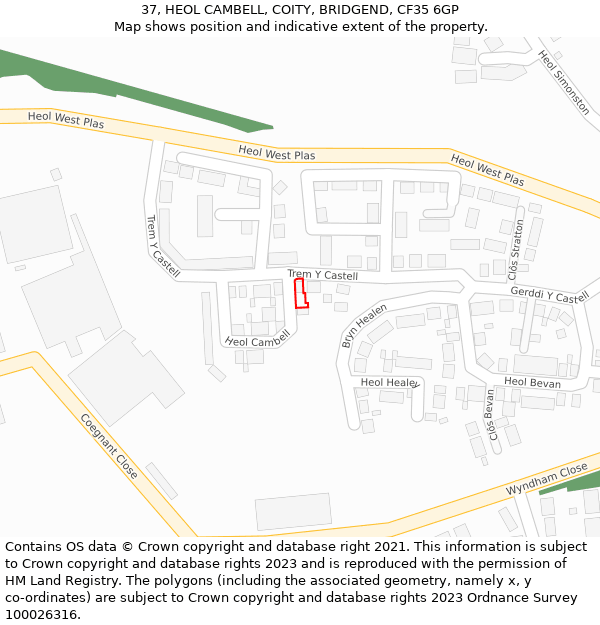 37, HEOL CAMBELL, COITY, BRIDGEND, CF35 6GP: Location map and indicative extent of plot