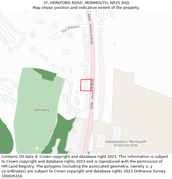 37, HEREFORD ROAD, MONMOUTH, NP25 3HQ: Location map and indicative extent of plot