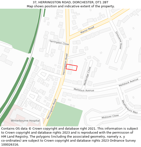 37, HERRINGSTON ROAD, DORCHESTER, DT1 2BT: Location map and indicative extent of plot
