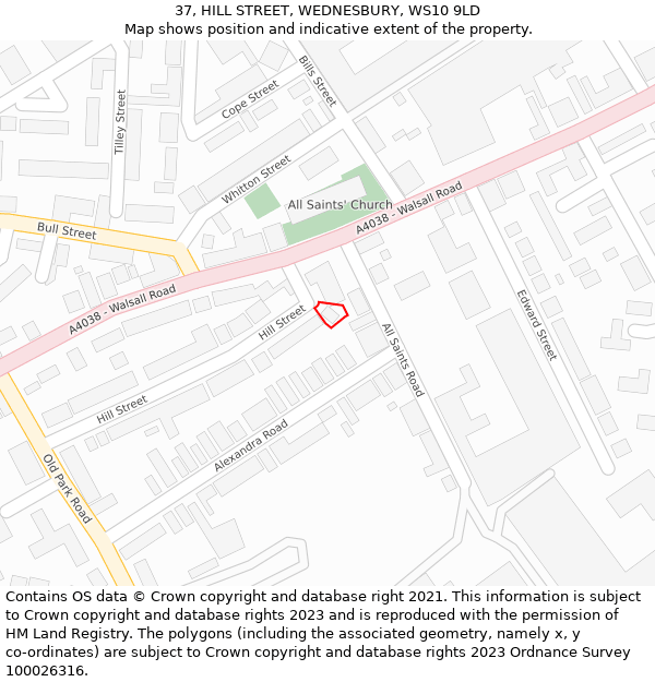 37, HILL STREET, WEDNESBURY, WS10 9LD: Location map and indicative extent of plot