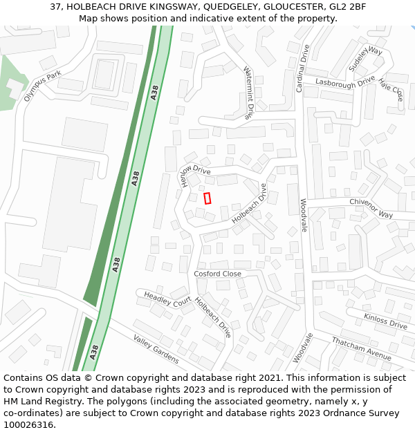 37, HOLBEACH DRIVE KINGSWAY, QUEDGELEY, GLOUCESTER, GL2 2BF: Location map and indicative extent of plot