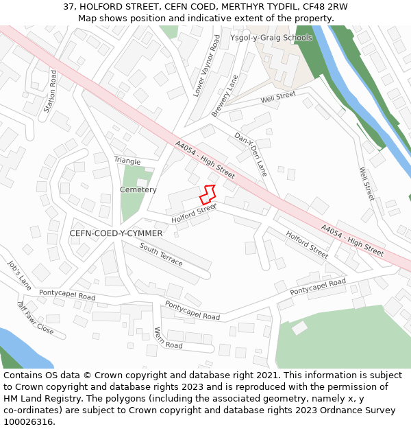 37, HOLFORD STREET, CEFN COED, MERTHYR TYDFIL, CF48 2RW: Location map and indicative extent of plot