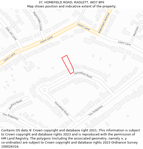 37, HOMEFIELD ROAD, RADLETT, WD7 8PX: Location map and indicative extent of plot