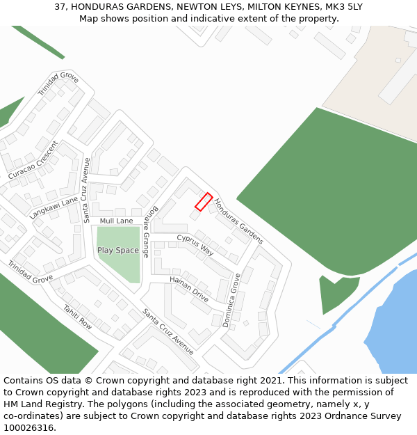 37, HONDURAS GARDENS, NEWTON LEYS, MILTON KEYNES, MK3 5LY: Location map and indicative extent of plot