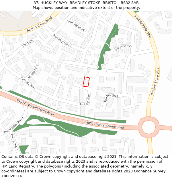 37, HUCKLEY WAY, BRADLEY STOKE, BRISTOL, BS32 8AR: Location map and indicative extent of plot