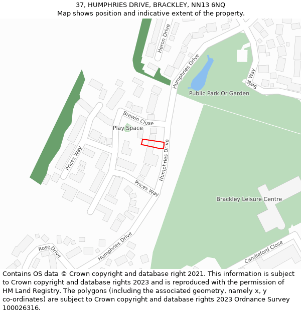 37, HUMPHRIES DRIVE, BRACKLEY, NN13 6NQ: Location map and indicative extent of plot