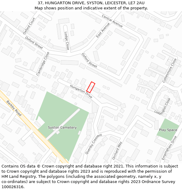 37, HUNGARTON DRIVE, SYSTON, LEICESTER, LE7 2AU: Location map and indicative extent of plot