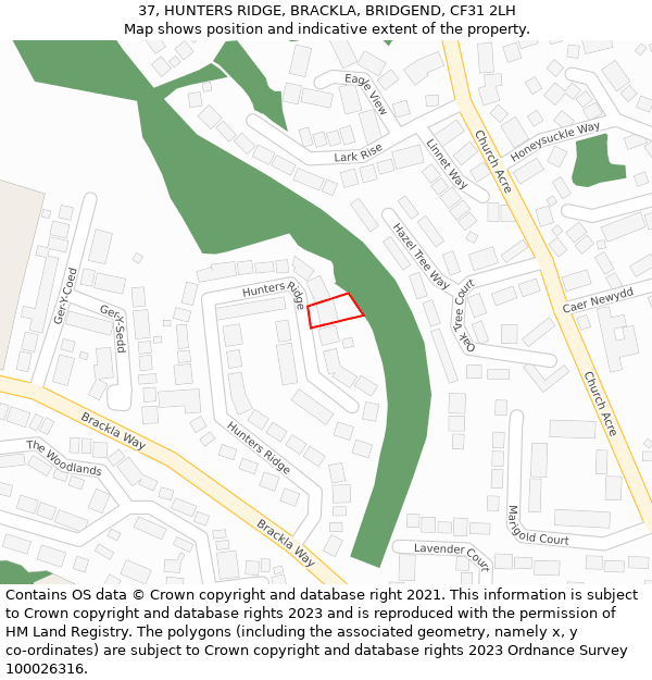 37, HUNTERS RIDGE, BRACKLA, BRIDGEND, CF31 2LH: Location map and indicative extent of plot