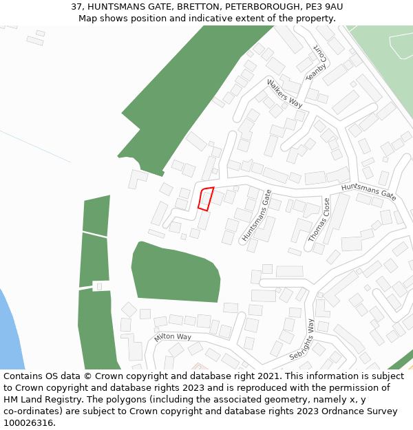 37, HUNTSMANS GATE, BRETTON, PETERBOROUGH, PE3 9AU: Location map and indicative extent of plot