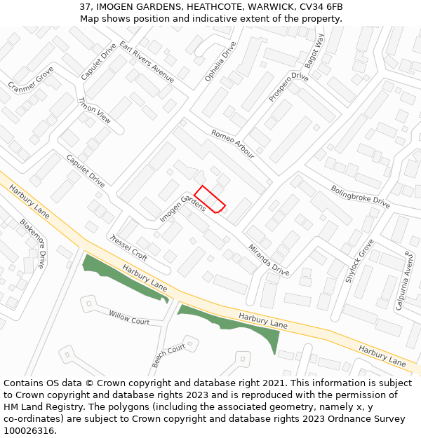 37, IMOGEN GARDENS, HEATHCOTE, WARWICK, CV34 6FB: Location map and indicative extent of plot