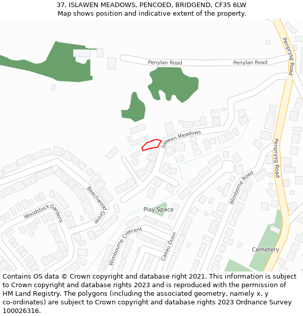 37, ISLAWEN MEADOWS, PENCOED, BRIDGEND, CF35 6LW: Location map and indicative extent of plot