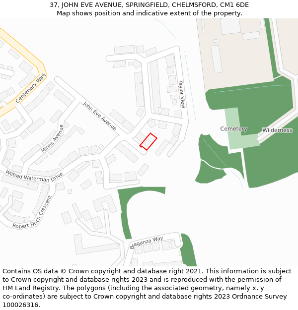 37, JOHN EVE AVENUE, SPRINGFIELD, CHELMSFORD, CM1 6DE: Location map and indicative extent of plot