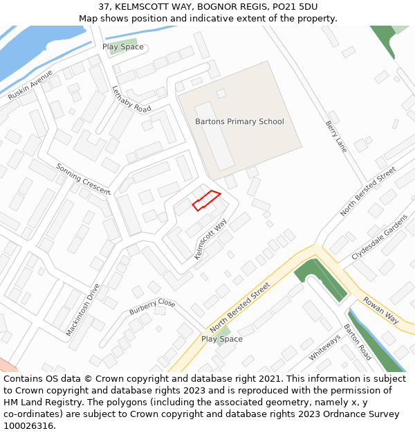 37, KELMSCOTT WAY, BOGNOR REGIS, PO21 5DU: Location map and indicative extent of plot