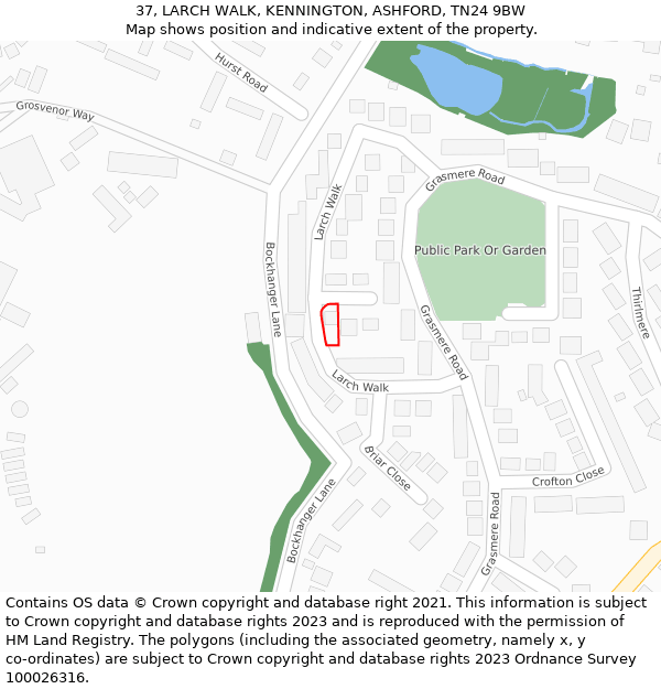 37, LARCH WALK, KENNINGTON, ASHFORD, TN24 9BW: Location map and indicative extent of plot