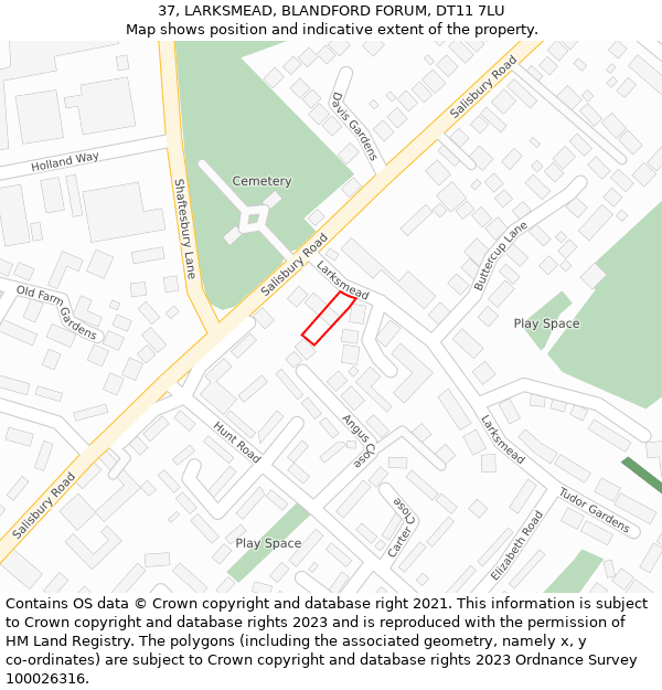 37, LARKSMEAD, BLANDFORD FORUM, DT11 7LU: Location map and indicative extent of plot