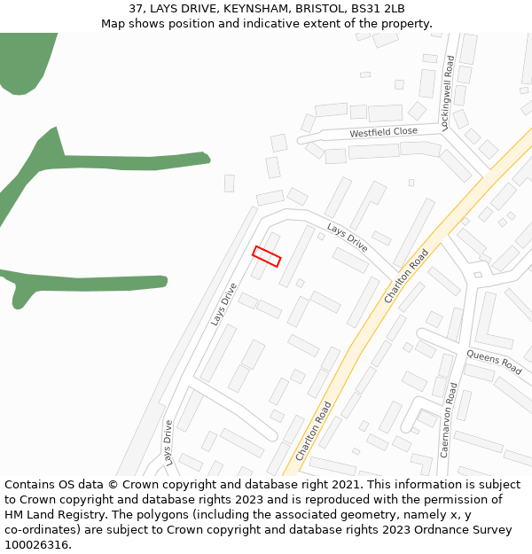 37, LAYS DRIVE, KEYNSHAM, BRISTOL, BS31 2LB: Location map and indicative extent of plot