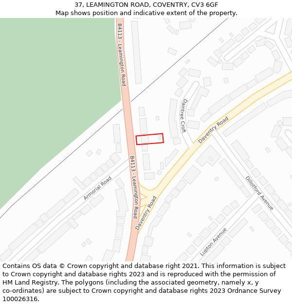 37, LEAMINGTON ROAD, COVENTRY, CV3 6GF: Location map and indicative extent of plot