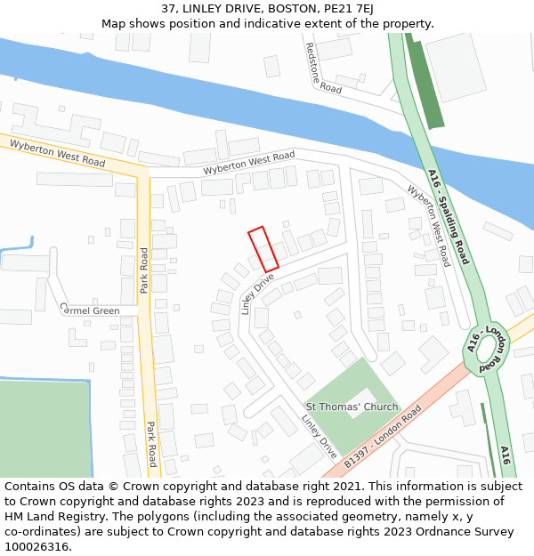 37, LINLEY DRIVE, BOSTON, PE21 7EJ: Location map and indicative extent of plot