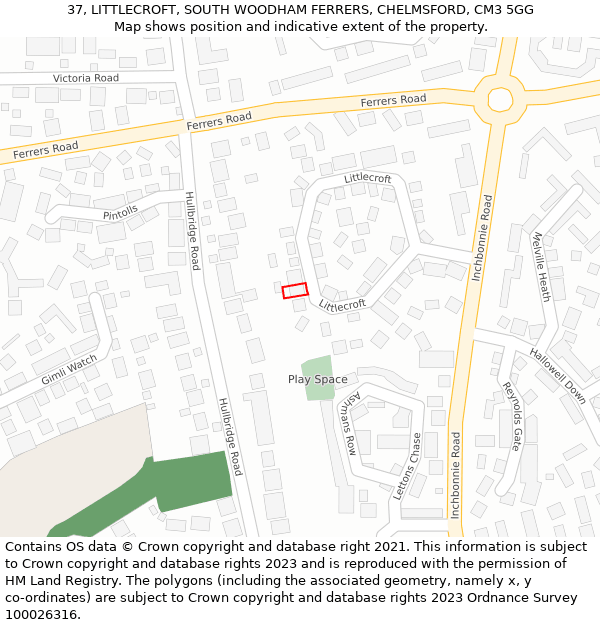 37, LITTLECROFT, SOUTH WOODHAM FERRERS, CHELMSFORD, CM3 5GG: Location map and indicative extent of plot