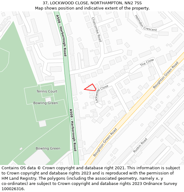 37, LOCKWOOD CLOSE, NORTHAMPTON, NN2 7SS: Location map and indicative extent of plot