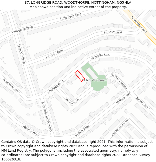 37, LONGRIDGE ROAD, WOODTHORPE, NOTTINGHAM, NG5 4LA: Location map and indicative extent of plot