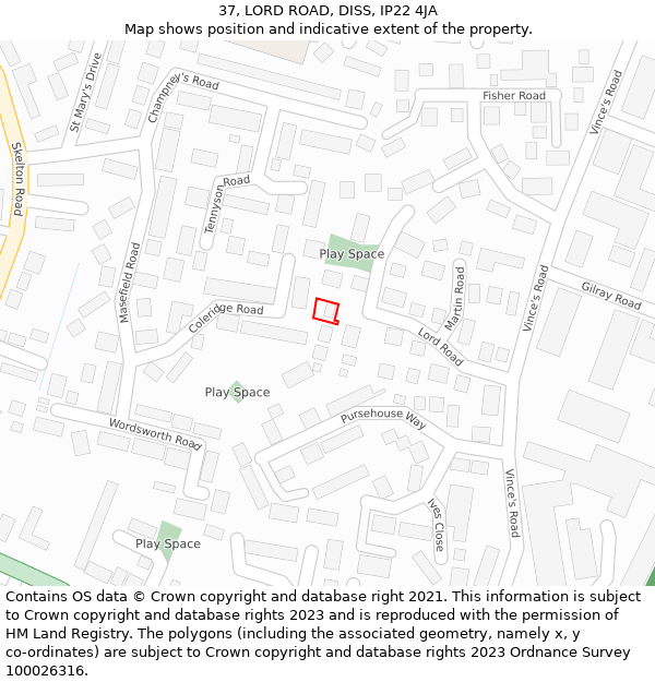 37, LORD ROAD, DISS, IP22 4JA: Location map and indicative extent of plot