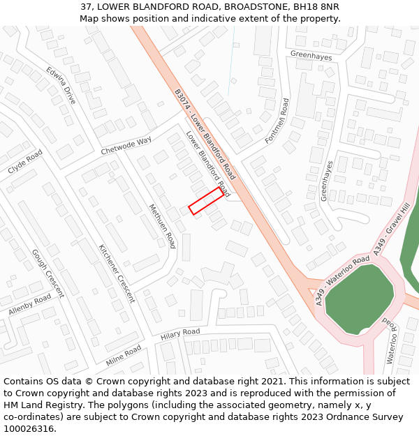 37, LOWER BLANDFORD ROAD, BROADSTONE, BH18 8NR: Location map and indicative extent of plot