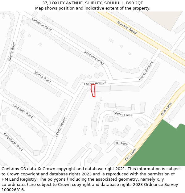 37, LOXLEY AVENUE, SHIRLEY, SOLIHULL, B90 2QF: Location map and indicative extent of plot