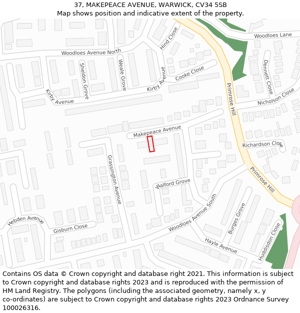 37, MAKEPEACE AVENUE, WARWICK, CV34 5SB: Location map and indicative extent of plot