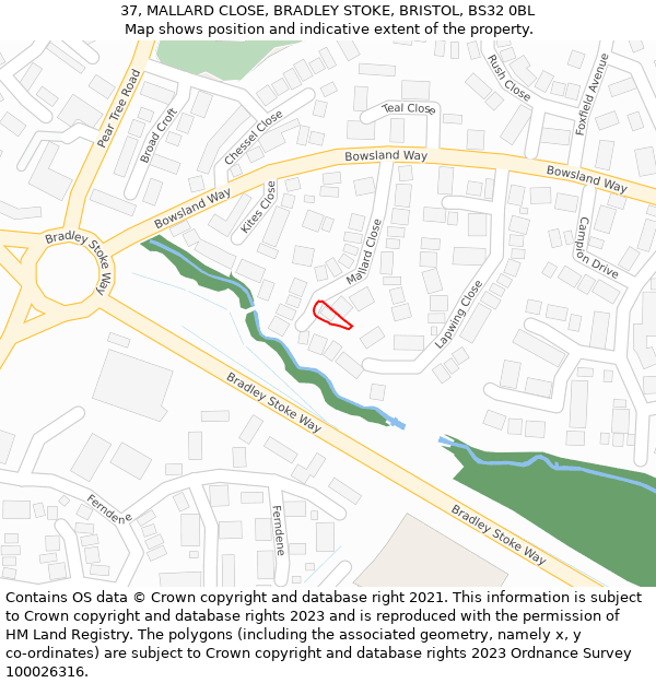 37, MALLARD CLOSE, BRADLEY STOKE, BRISTOL, BS32 0BL: Location map and indicative extent of plot