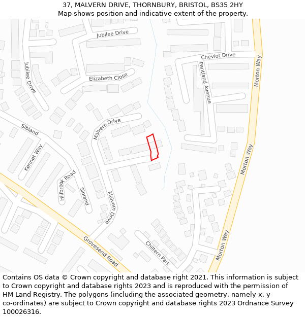 37, MALVERN DRIVE, THORNBURY, BRISTOL, BS35 2HY: Location map and indicative extent of plot