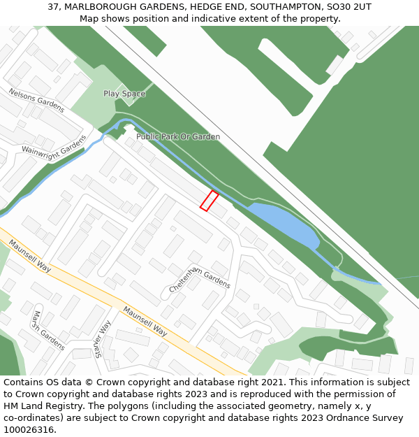 37, MARLBOROUGH GARDENS, HEDGE END, SOUTHAMPTON, SO30 2UT: Location map and indicative extent of plot