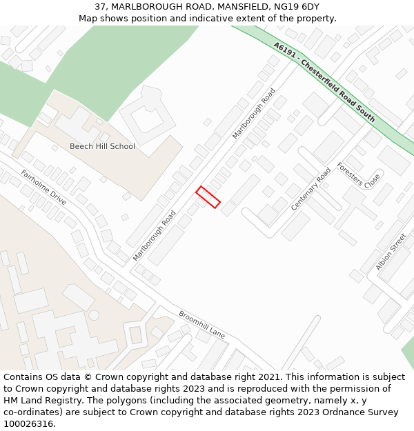 37, MARLBOROUGH ROAD, MANSFIELD, NG19 6DY: Location map and indicative extent of plot